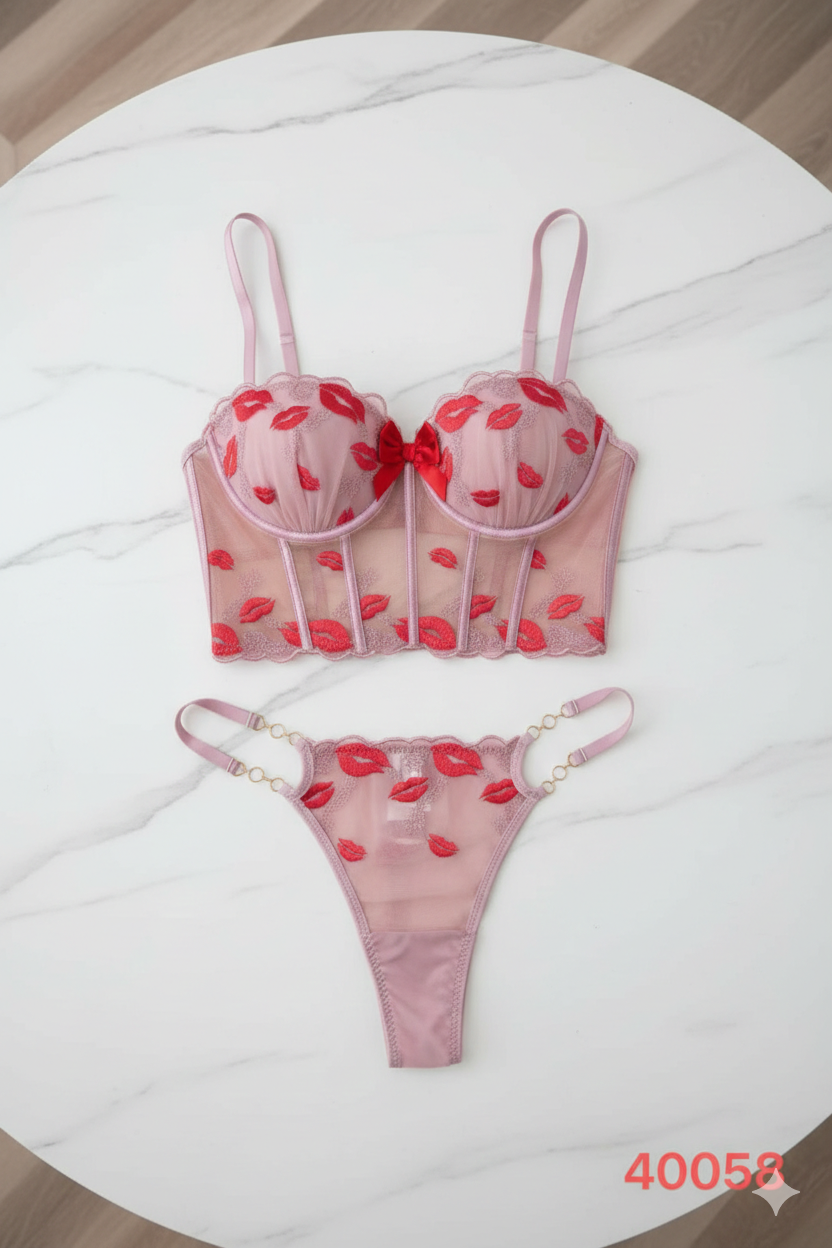 Sweet Kisses Mesh Bustier & Strappy Thong Lingerie Set